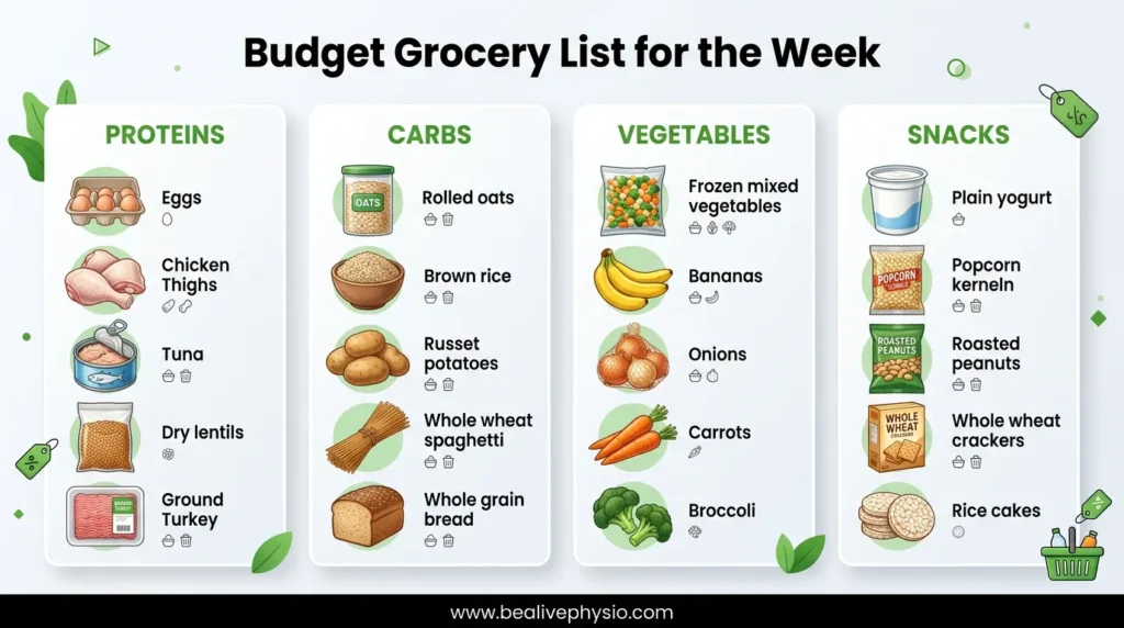 Infographic of budget-friendly groceries including eggs, chicken thighs, oats, rice, frozen vegetables, apples, and bananas.