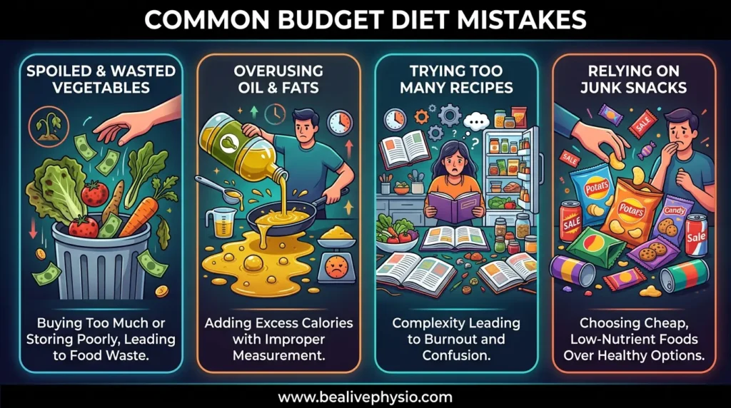 Infographic showing dieting mistakes like spoiled produce, excess oil usage, and overcomplicated recipes.