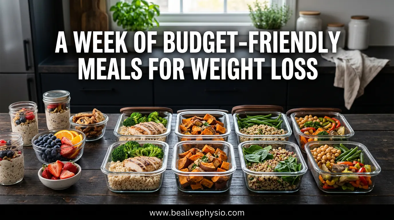 Healthy weekly meal prep containers with chicken, rice, vegetables, and oats arranged on a kitchen counter.
