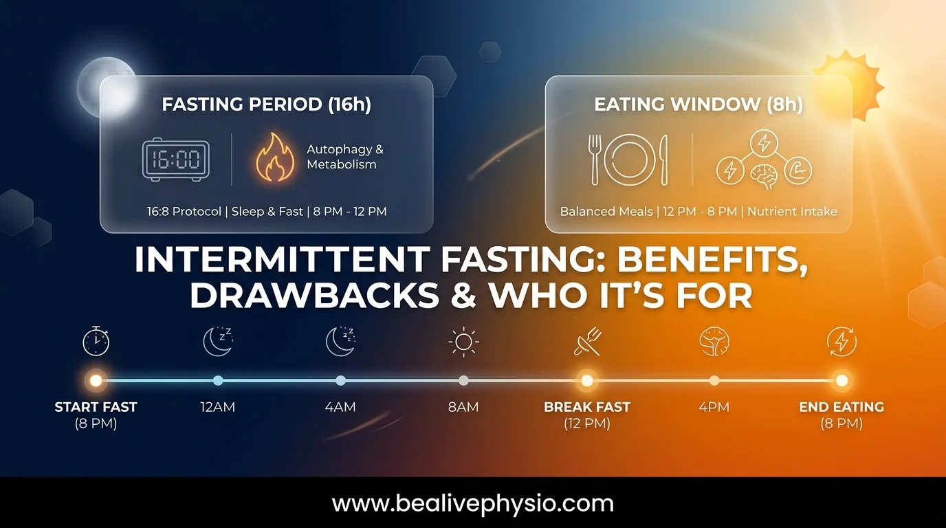 Illustration of intermittent fasting timeline with clock icons and title text.